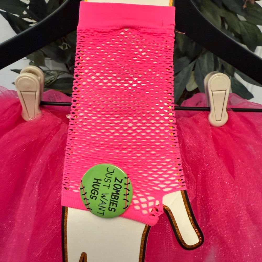 2 Pc Hot Pink Punk Short Mini Tutu with Matching Fish Net Gloves OS - Picture 5 of 8